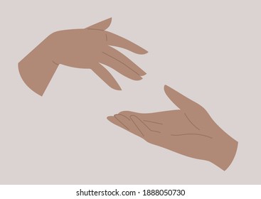 Two hands reaching out to each other, human relationships, love and friendship