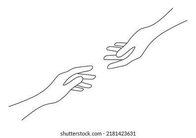 Two hands reaching out to each other. Help and support concept. Minimalistic vector illustration in line art style