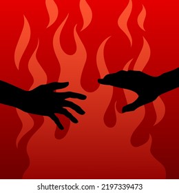 Two hands are reaching out to each other on the backdrop of red fire as poster, wallpaper or background.