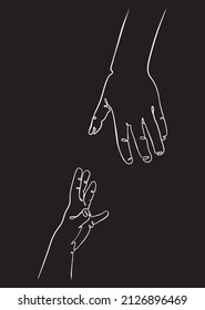Two hands reaching out one contiguous line in a black background vector illustration