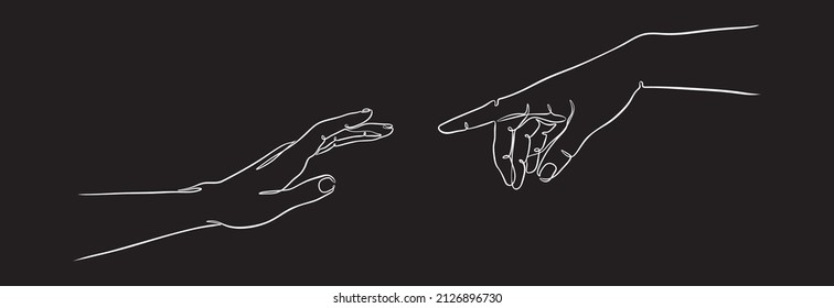 Two hands reaching out one contiguous line in a black background vector illustration