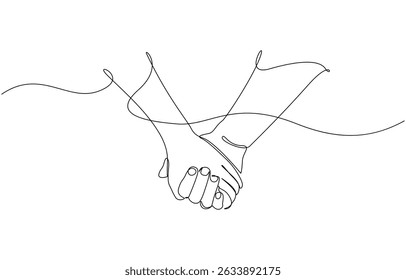 Two hands reaching out one line vector illustration, One line drawing of two hands intertwined, Minimalist representation of togetherness and support. Editable stroke.