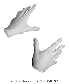 Dos manos extendiéndose, estirándose hacia algo invisible, pov. Vector del estilo del semitono aislado en el fondo blanco.