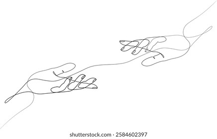 Two hands reaching out towards each other drawn by continuous one line. Single line drawing of romantic or helping concept. Minimalist sketch vector illustration.