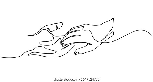 two hands reaching out towards each other continuous one line drawing, Single line drawing of romantic or helping concept. Minimalist sketch vector illustration, Fragment of a painting. pro vector.