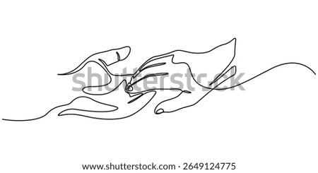 two hands reaching out towards each other continuous one line drawing, Single line drawing of romantic or helping concept. Minimalist sketch vector illustration, Fragment of a painting. pro vector.