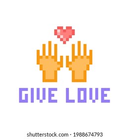 Two hands reaching for a red heart, Valentine's day pixel art icon isolated on white background. Give love, 8 bit print. Charity logo. Sharing concept. Care and support greeting card. 2d game graphics