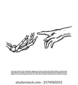 Two hands reaching toward each other. Death and rebirth, Heaven and hell, Devil and human symbol vector illustration