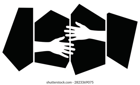 Two hands reaching towards each other within geometric black shapes on a white background