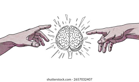 Duas mãos alcançando um cérebro brilhante sugerindo criação e inspiração de inteligência e pensamento