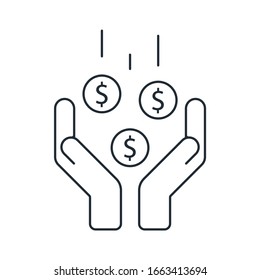 Two hands receive money coins. Cash flow concept. Finance products - credit, deposit concept. Hands with cash icon. Receiving payment symbol. Line, outline style icon. Vector illustration
