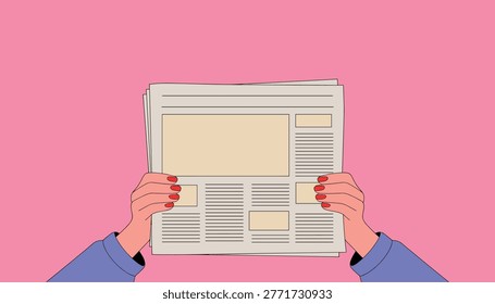 Two hands with red fingernails holding a stack of newspapers with beige pages and black text lines against a pink background