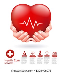 Two hands and red heart conceptual design. Health care service vector illustration.