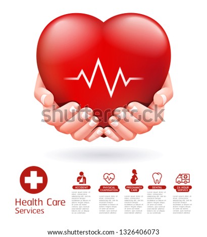 Two hands and red heart conceptual design. Health care service vector illustration.