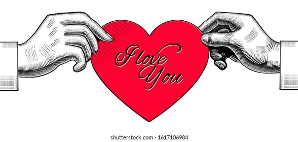 Two hands with a red heart. Retro concept poster and banner. Vintage engraving stylized drawing. Vector illustration.