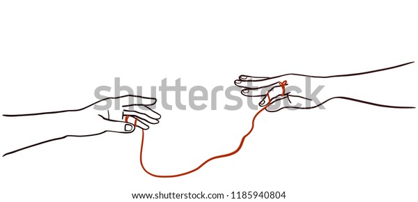 Two hands with red strings attached. concept string\
of fate.