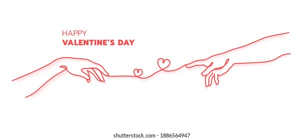 Two hands with red thread destiny concept.Creation of Adam hand drawn. Happy Valentine's day minimal style.Continuous line art.