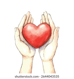 Two hands, rendered in watercolor style, are gently holding a red heart. The heart is centered and appears to be glowing.