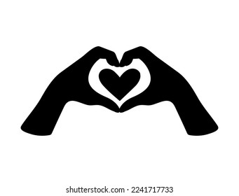Two hands represent a heart gesture, a black silhouette isolated on a white background, a flat vector illustration.