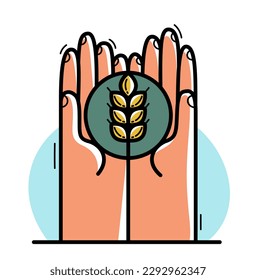 Dos manos con espiga madura protegiendo y mostrando cuidado vectorial ilustración de estilo plano aislado en el concepto blanco, carismático y de defensa para la comida y la cosecha, contra la hambruna.