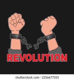 Two hands with rolled up sleeves and torn chains. Below is the inscription in red letters - revolution. Emblem, icon. Vector illustration