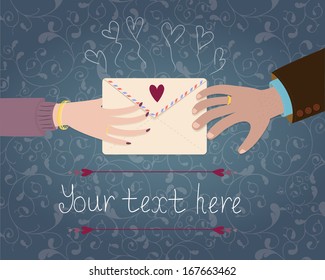 Two hands with romantic letter