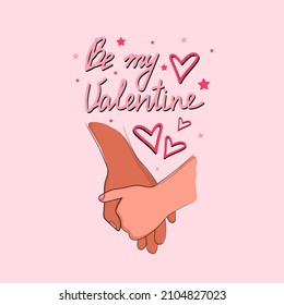 Two hands romantic symbols for valentines day set, be my valentines text. Vector illustration.