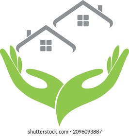 Two hands and roofs, roofer and real estate background 