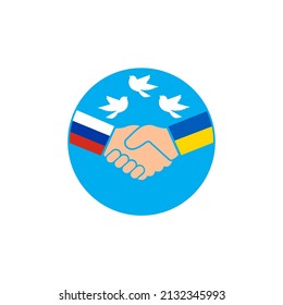 Two hands with Russia and Ukraine flags shaking symbolizing partnership , Stop war logo concept