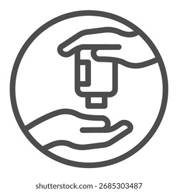 Dos manos y el icono de línea de desinfectante, concepto de lavado de manos. Gráficos de Vector. Botella de letrero de desinfectante sobre fondo blanco, icono de estilo de contorno para móvil o Diseño web