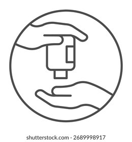 Duas mãos e ícone de linha fina desinfetante, conceito de lavagem das mãos. Gráficos vetoriais. Garrafa de sinal de desinfetante no fundo branco, ícone de estilo de contorno para design móvel ou web
