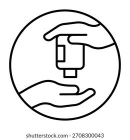 Duas mãos e ícone de linha fina desinfetante, conceito de lavagem das mãos. Gráficos vetoriais. Garrafa de sinal de desinfetante no fundo branco, ícone de estilo de contorno para design móvel ou web