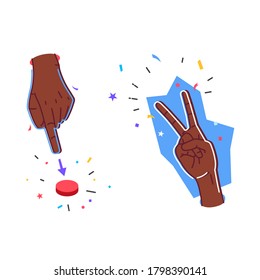 Two hands set. Victory, greetings sign and press the button sign. Vector illustration.