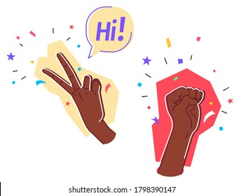 Two hands set. Victory, greetings sign and protests, power, unity sign. Vector illustration.