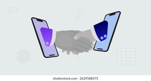 Two hands shake through smartphone screens, symbolizing a virtual business deal, agreement, or contract. Modern digital partnership concept.