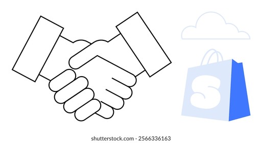 Two hands shaking in agreement black outlined cloud background blue and white shopping bag Ideal, for business partnerships commerce retail online shopping collaboration and unity vector minimal style