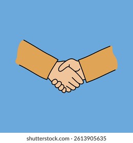 Two hands shaking in agreement are depicted in a simple illustration against a light blue background, perfect for illustrating business partnership.