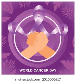 Dos manos temblando con la cinta de la conciencia del cáncer. Día Mundial de Concienciación sobre el Cáncer, 4 de febrero. Concepto del Día Mundial contra el Cáncer. Ilustración vectorial plana.