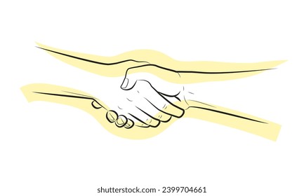 Dos manos temblando entre ellas. Los socios dan la mano. Manos con otro gesto de acuerdo contractual, amistad. Logotipo. Sonda de línea de vector