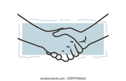 Two hands shaking each other. Partners handshake. Hands holding one another gesture of contract agreement, friendship. Logo. Vector line ske