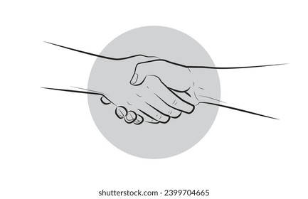 Two hands shaking each other. Partners handshake. Hands holding one another gesture of contract agreement, friendship. Logo. Vector line ske