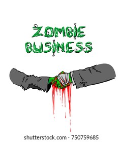 Two hands shaking each other. Hands deceased. Business relationship. Business for zombies. Eyes on the letters. Torn clothes in her arms. Holiday Halloween. Blood on his hands. Vector