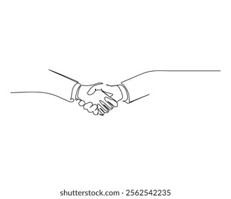 two hands shaking in a formal business setting, symbolizing agreement, partnership, or cooperation. continuous line drawing illustration