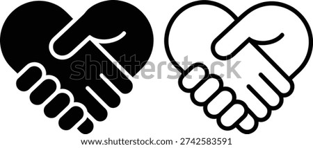 Two hands shaking with heart shapes symbolizing unity and connection