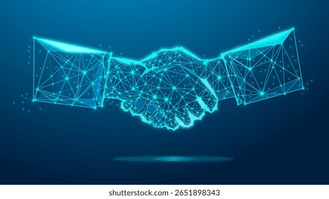 Two hands shaking hands in a neon blue wireframe digital form, with light dots and grid lines on a dark gradient background.