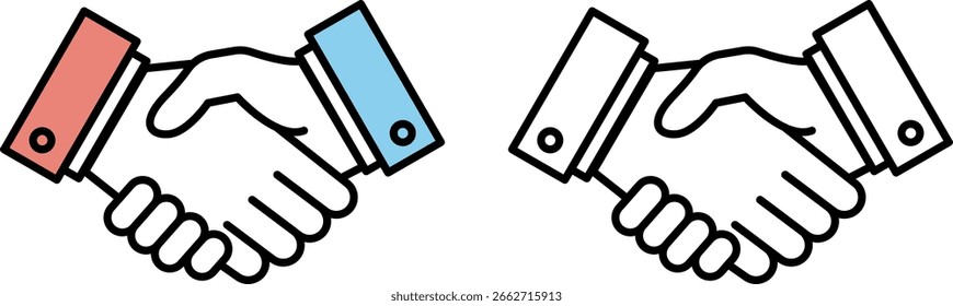 Two hands shaking, one with a red sleeve and the other with a blue sleeve, symbolizing partnership and collaboration.