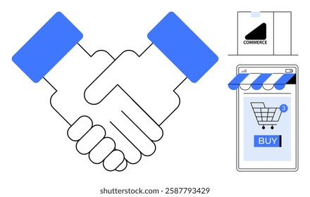 Two hands shaking and online shopping elements. Ideal for e-commerce, business partnerships, digital transactions, online shopping, e-commerce solutions. Simple vector style with blue highlights