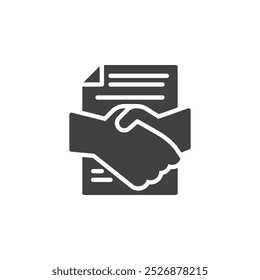 Two hands shaking over a document vector icon. filled flat sign for mobile concept and web design. Legal Agreement glyph icon. Agreement, contract symbol, logo illustration. Vector graphics