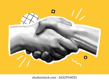 Two hands shaking in a stylized grayscale graphic style on a bright yellow background with abstract shapes, symbolizing partnership and cooperation. Vector illustration