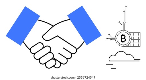 Two hands shaking, symbolizing agreement or partnership. A Bitcoin symbol connected by lines, representing blockchain technology. Cloud icon nearby enhancing the context. Ideal for trust